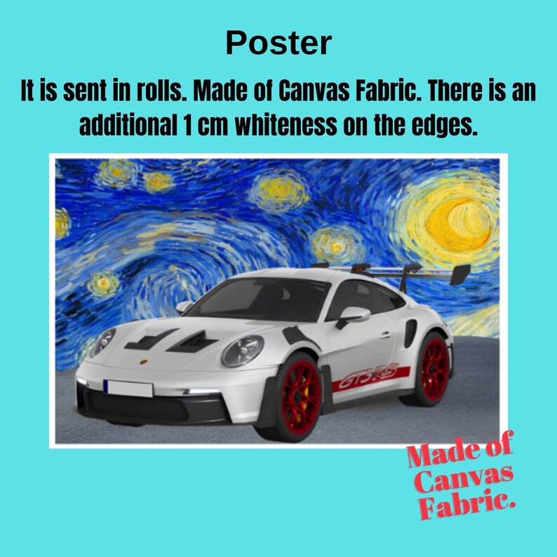 A poster featuring a white sports car with red wheels, set against a blue background with a painting of a starry night sky.