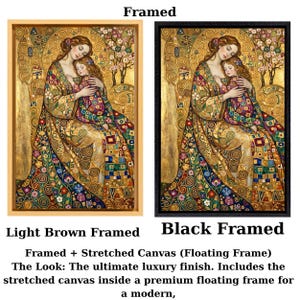 The image is a framed painting depicting a woman holding a child, with the text indicating that it is a framed artwork with a stretched canvas inside a premium floating frame.