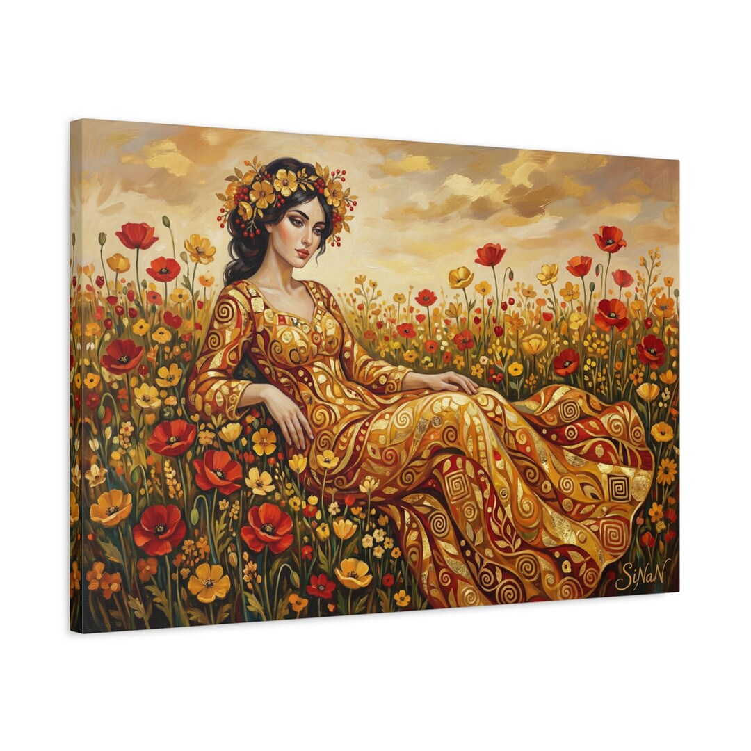 Gustav Klimt Sleeping Woman Floral Poppy Field Canvas Wall Art - Etsy