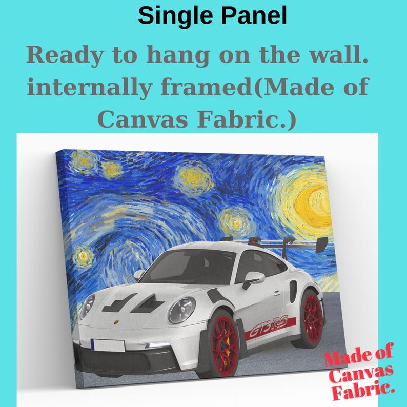 The image is a single panel featuring a white sports car with red wheels against a starry night sky background.