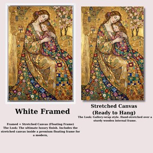 The image is a collage of two paintings, one in a white frame and the other in a ready-to-hang frame. The paintings depict a woman holding a child, with intricate patterns and designs throughout the artwork.
