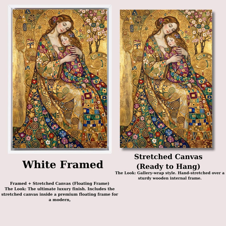 The image is a collage of two paintings, one in a white frame and the other in a ready-to-hang frame. The paintings depict a woman holding a child, with intricate patterns and designs throughout the artwork.
