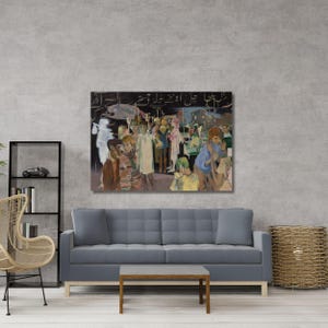 May include: An abstract painting depicting a crowd of people in a public space. The artwork features figures in various attire, with a dark background and text. The painting is displayed above a gray sofa, with a wooden coffee table and a woven basket.