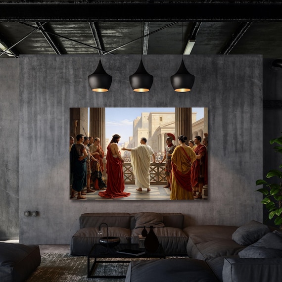 Ecce Homo Jesus Christ Canvas Art, Pontius Pilate Trial Wall Decor, Christian Bible Story Painting, Religious Masterpiece Mural