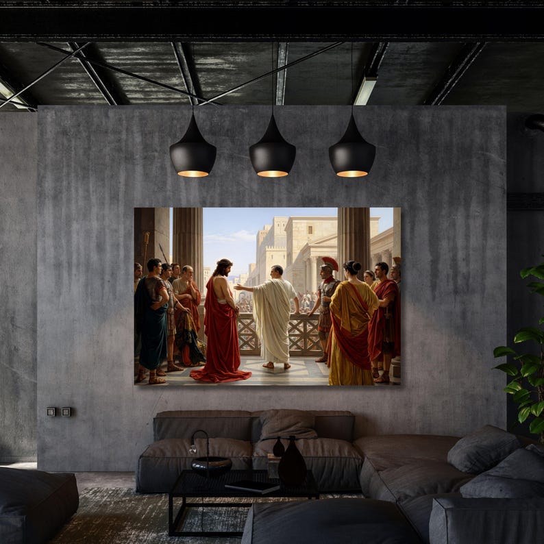 a group of people dressed in ancient Roman clothing gathered in a room with a modern interior design.
