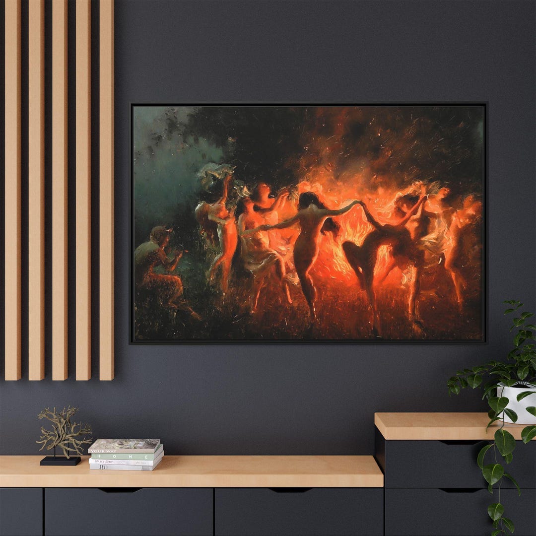 Women Dancing Around Bonfire Canvas Framed Wall Art Matte Multi color women-dancing-around-bonfire-canvas-framed-wall-art-matte-multi-color