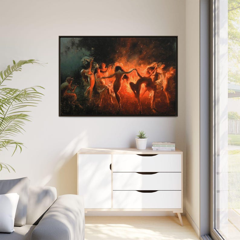 Women Dancing Around Bonfire Canvas Framed Wall Art Matte Multi color women-dancing-around-bonfire-canvas-framed-wall-art-matte-multi-color