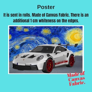 A poster featuring a white sports car with red wheels against a blue and yellow starry night sky background.