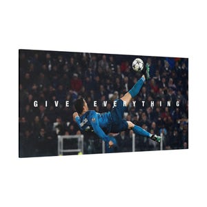 Cristiano Ronaldo Soccer Canvas Art, Bicycle Kick Poster,Inspirational Give Everything Quote, Framed Ready to Hang Athlete Sports Room Decor