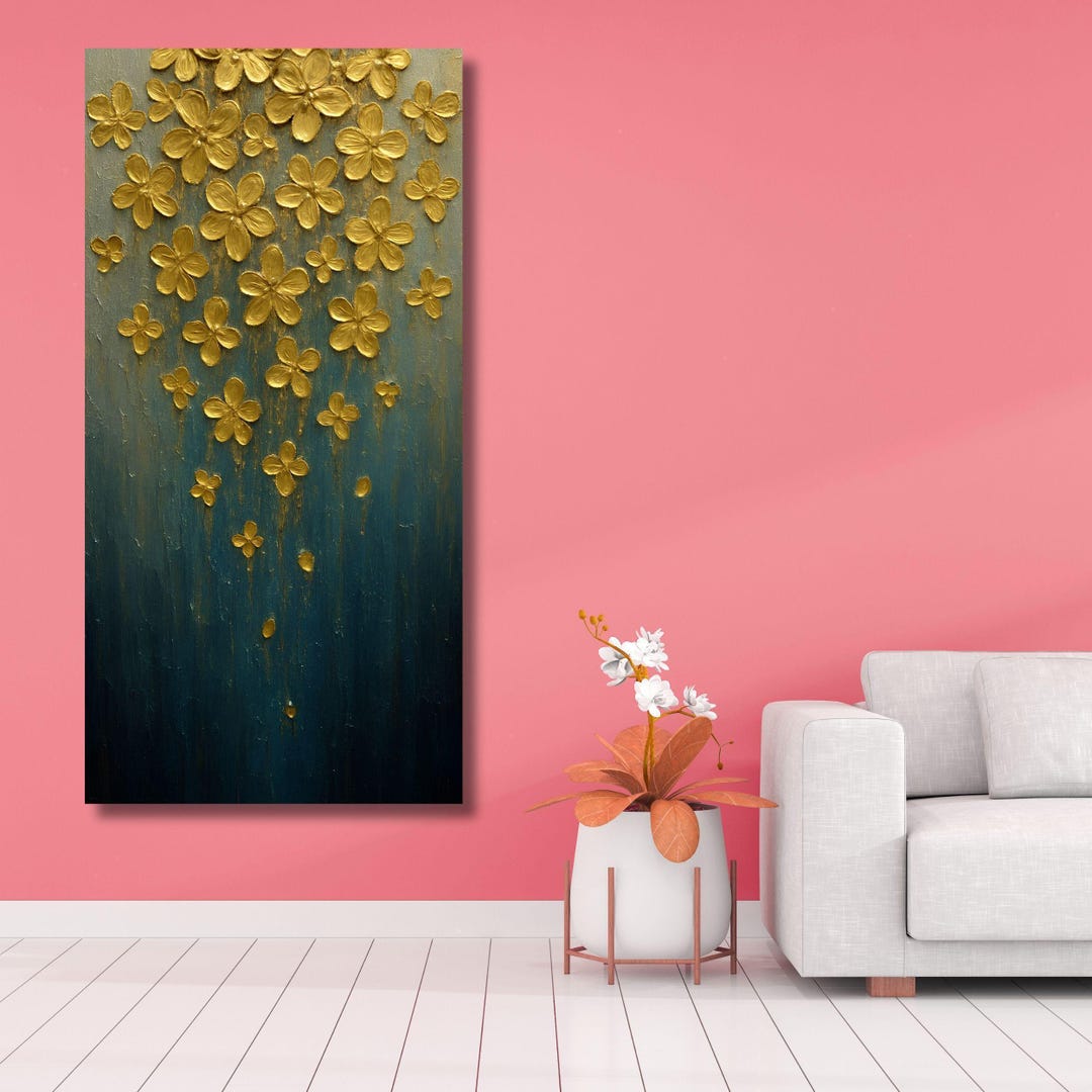 Navy Blue and Gold Floral Abstract Canvas Wall Art, Textured Flower ...