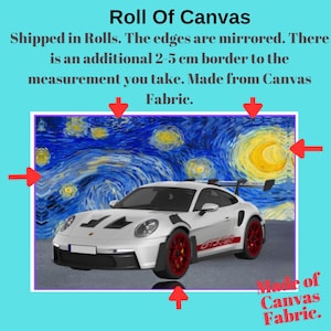 The image is a roll of canvas fabric, which is made from the painting of a white sports car with red accents. The edges of the canvas fabric are mirrored, and there is an additional border of 2.5 cm to the measurement of the canvas fabric.