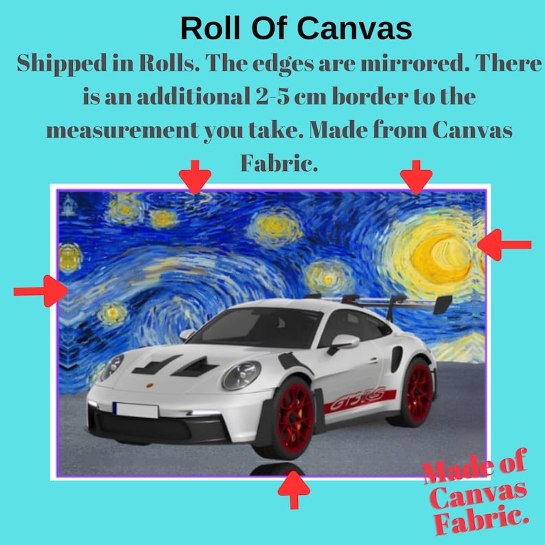 The image is a roll of canvas fabric, which is made from the painting of a white sports car with red accents. The edges of the canvas fabric are mirrored, and there is an additional border of 2.5 cm to the measurement of the canvas fabric.