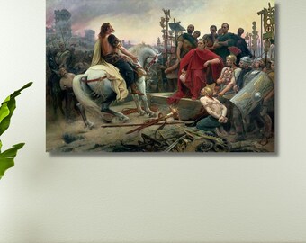 Puede incluir: Una pintura histórica que representa una escena dramática con numerosas figuras. Un hombre a caballo blanco es el centro, rodeado de soldados y otras personas. La obra de arte utiliza una paleta de colores apagados, enfatizando las figuras y sus interacciones.