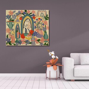 May include: A colorful painting featuring a central arched window with a mother and child, surrounded by flowers and vases. The artwork uses a palette of soft blues, pinks, and greens, creating a whimsical and decorative piece. The painting is displayed on a wall.