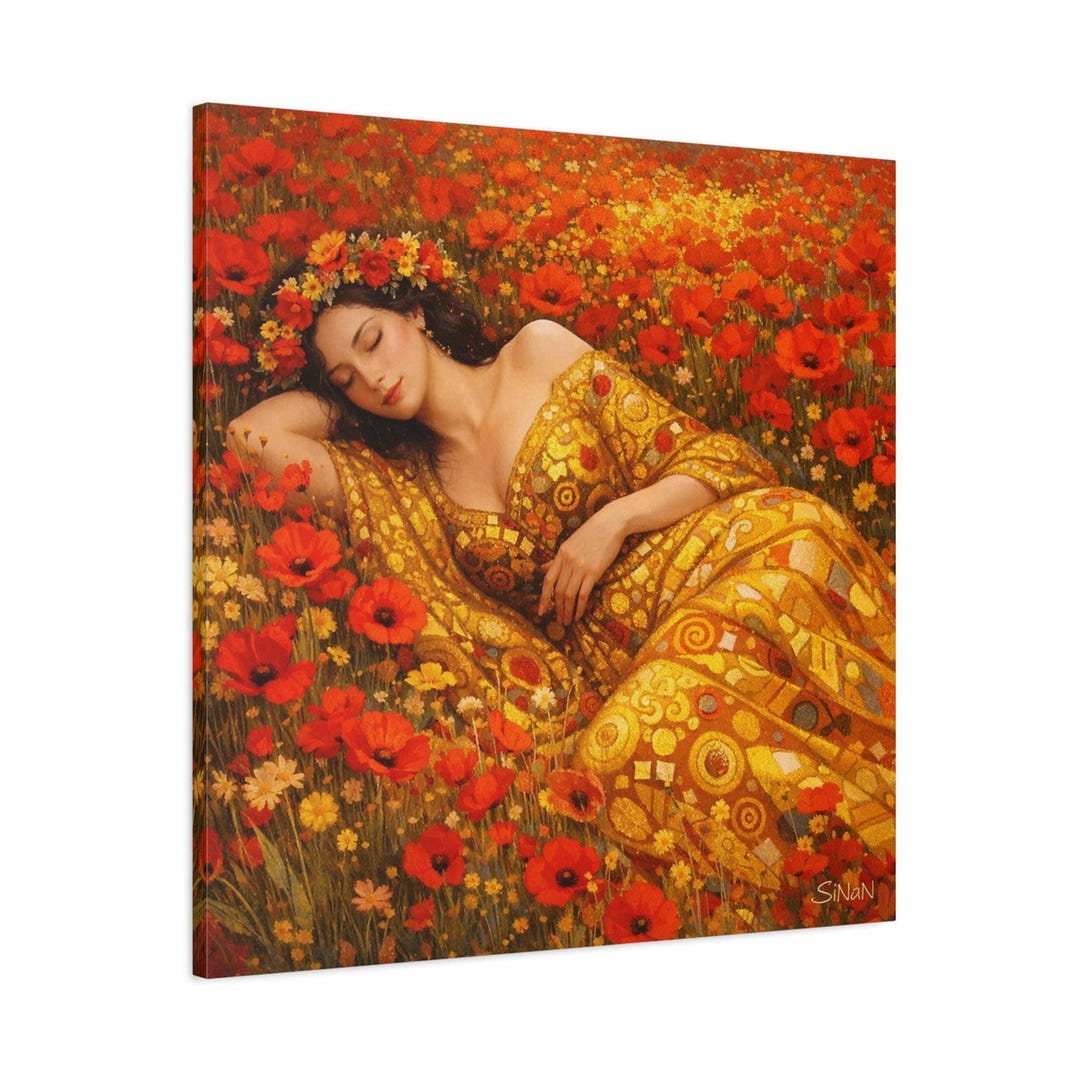 Gustav Klimt Sleeping Woman Canvas Matte Canvas Floral Poppy Field Wall ...