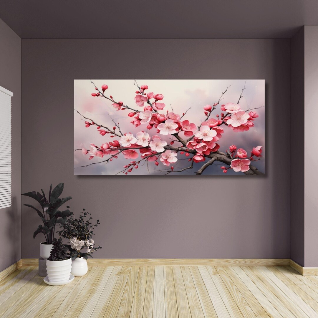 Asian Inspired Cherry Blossom Canvas - Red and Pink Floral Print - Etsy