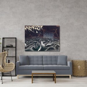 May include: A framed canvas print showing a turbulent ocean under a dark, stormy sky. The artwork is an illustration with detailed waves and a dramatic sky, using shades of blue, white, and brown. The print is displayed above a grey sofa, adding a focal point to the room.