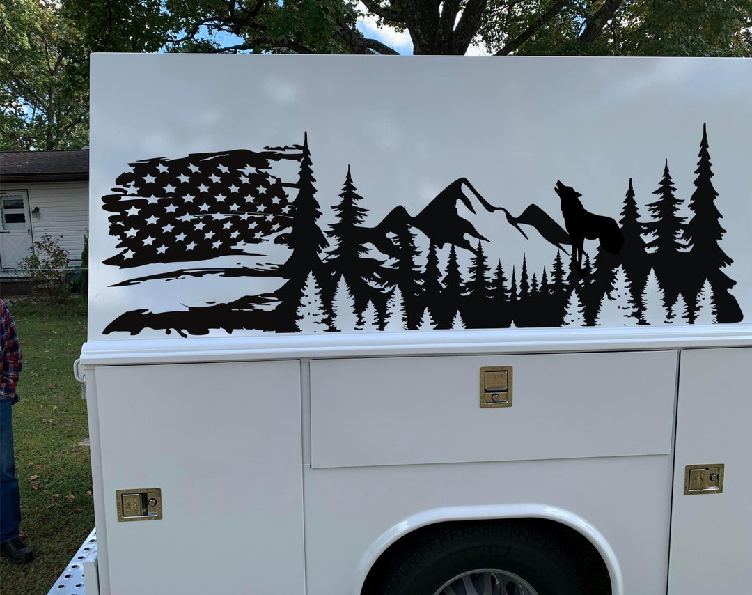 RV Camper Decal, American Flag Wolf Mountain Vinyl Graphic - Etsy