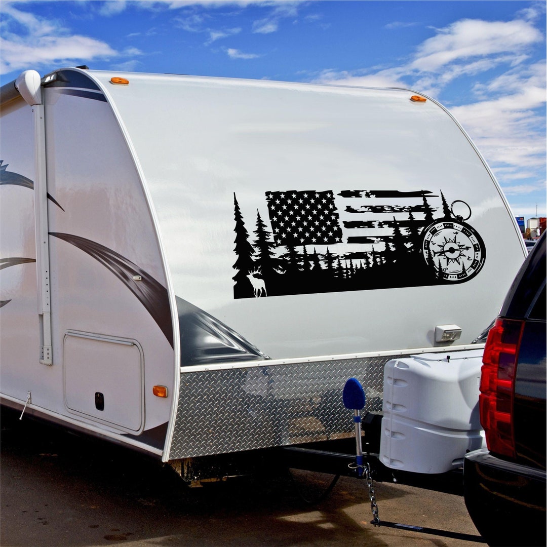RV Camper Decal, American Flag, Deer, Compass, Forest, Mountain Scene ...