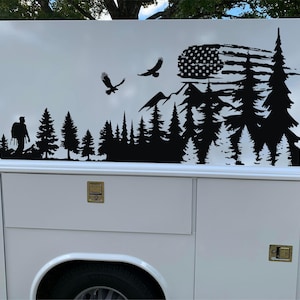 Camper RV Decals Graphics, American Flag Forest Sticker, Hiking Travel Sign Custom Vinyl Graphic
