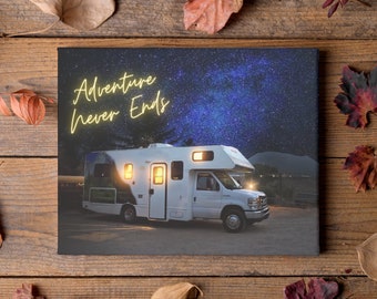 RV Camper Canvas Print, Night Sky Framed Canvas Wall Art, Adventure Awaits Wall Hanging Picture, Personalized with custom text