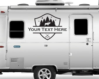 Camper RV Decal / Personalized Hunting Whitetail Deer, Forest Sticker, Mountains Snow Tops Travel Sign Custom Vinyl Graphics Custom Text.