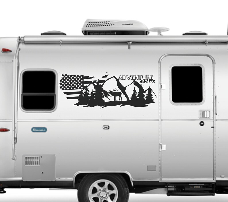 RV Camper Decal, Adventure Awaits, American Flag, Deer, Mountains - Etsy