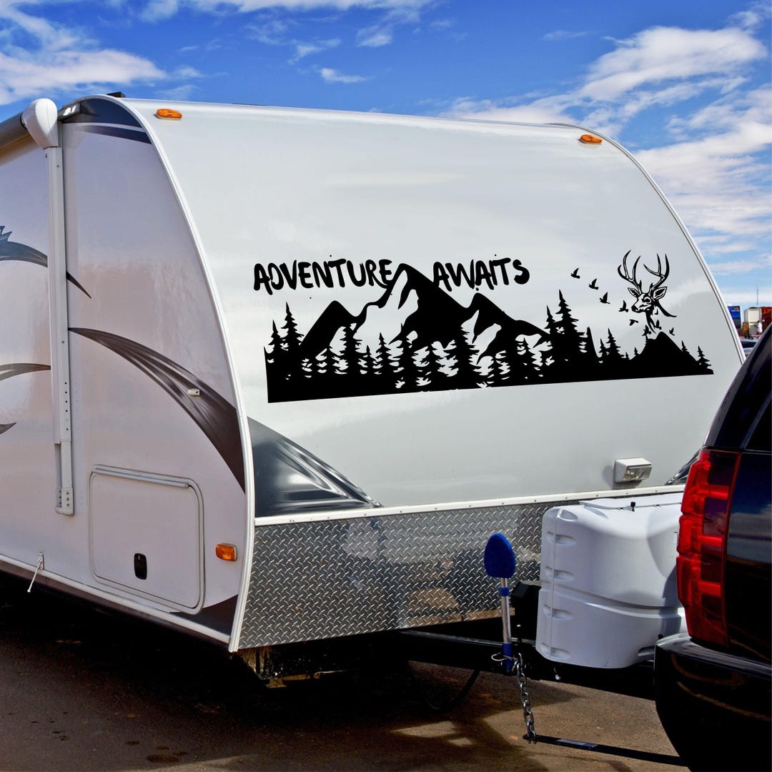 Camper RV Decal Snowtops Forest Vinyl Graphics Adventure Awaits camper-rv-decal-snowtops-forest-vinyl-graphics-adventure-awaits