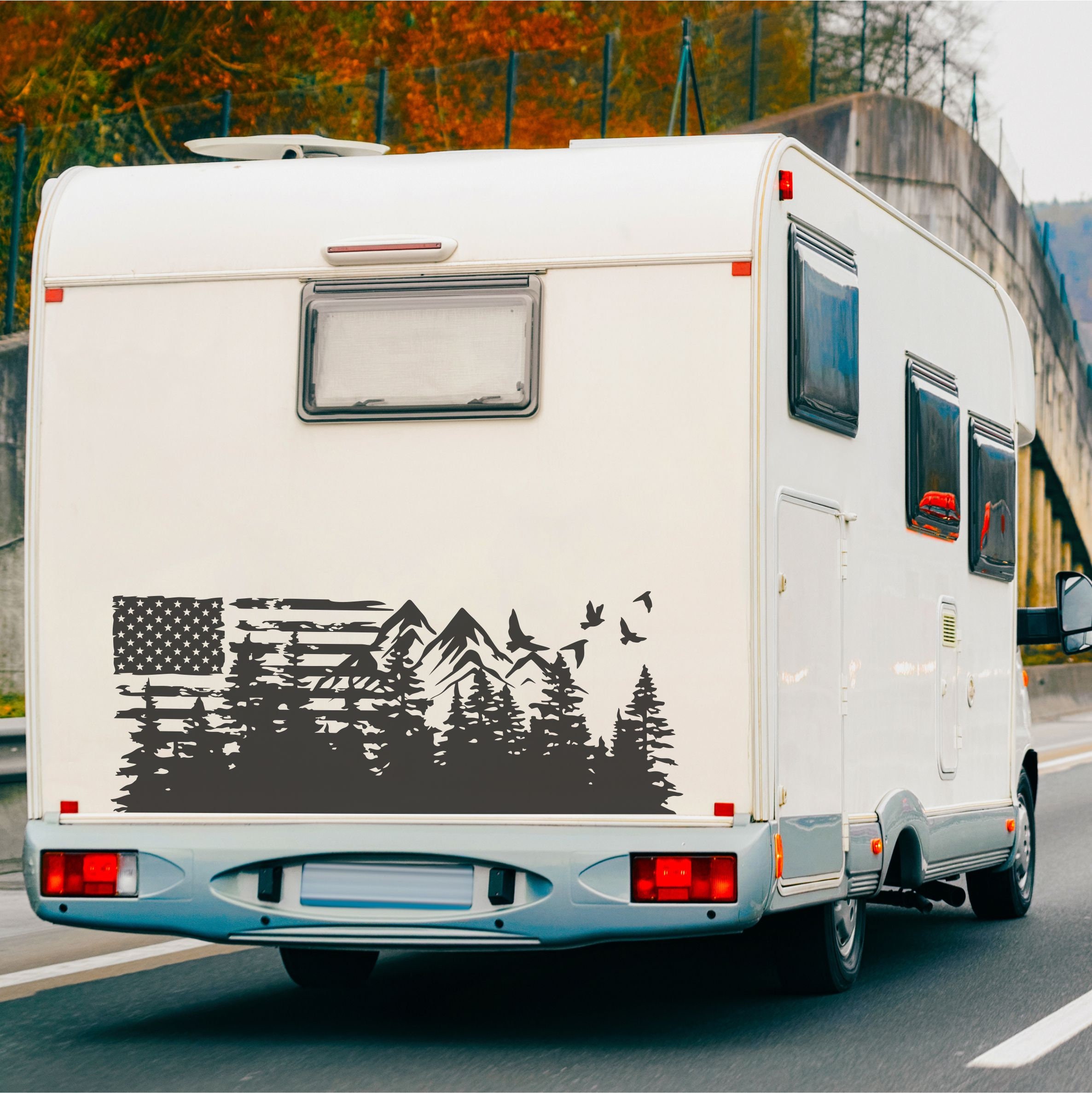 American Flag Mountain Scene RV Decal, Adventure Awaits Vinyl Graphic ...