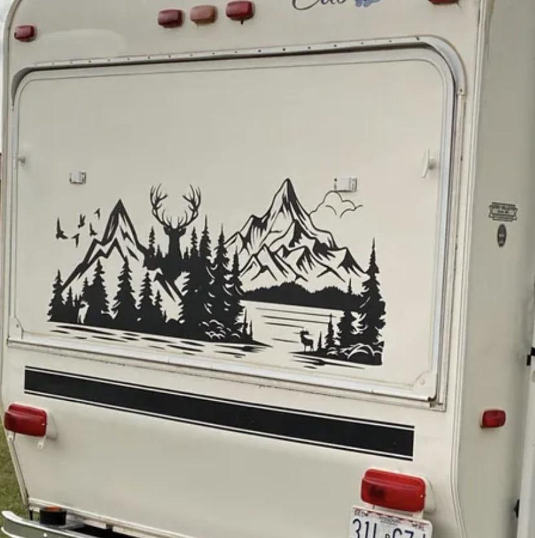 Camper RV Decal / Whitetail Deer, Forest Sticker, Lake River Mountains ...