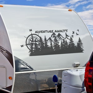 Camper RV Decal Compass Forest Vinyl Graphics, Adventure Awaits Sticker, Mountains Snow Tops Travel Sign Custom RV Graphic image 2