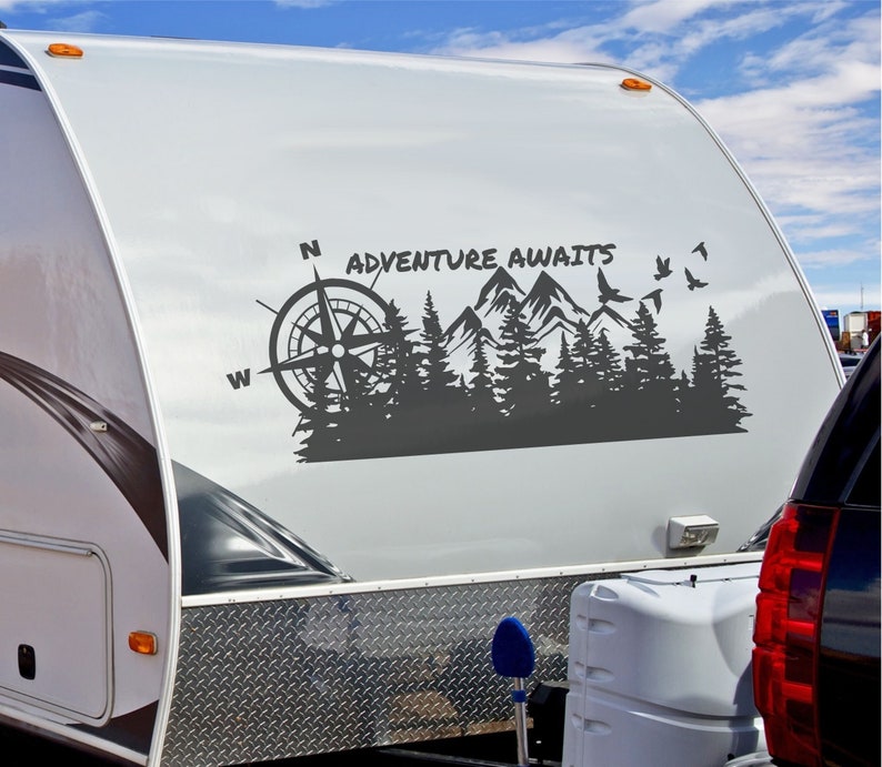 Camper RV Decal Compass Forest Vinyl Graphics, Adventure Awaits Sticker, Mountains Snow Tops Travel Sign Custom RV Graphic image 2