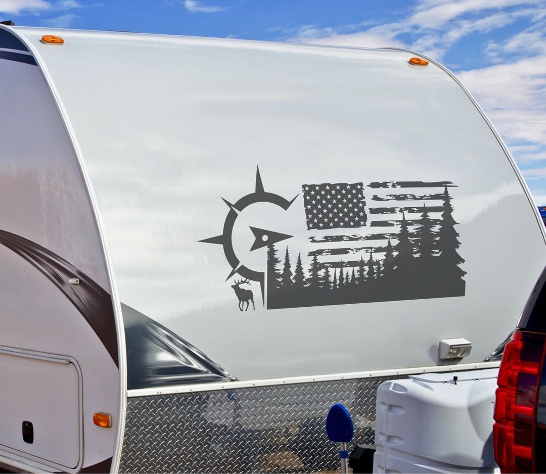 RV Camper Decal, American Flag Compass, Elk Forest Adventure, Vinyl ...