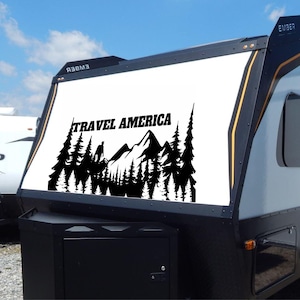 Camper RV Decals Graphics, American Travel Forest Sticker, Mountains Snow Tops Travel Sign Custom Vinyl Graphic