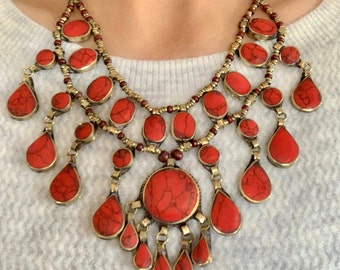 Coral bib necklace with rosewood beads, Afghan bib necklace, Afghan jewelry, Afghan necklace, teardrop necklace,