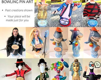 Custom Bowling Pin Art, Handmade Mixed Media Sculpture, One-of-a-Kind Custom Trophy, Personalized Gift or Award