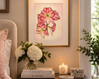 February 20th – Signed Watercolor Art Print, Amaryllis Flower Painting, Pink Floral Botanical Wall Art, 12x16