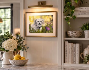 In the Thistles – Signed Dog Art Print, Original Oil Painting, Pet Portrait Wall Art, Colorful Botanical Art, 12x16