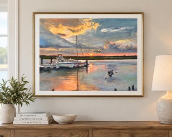Signed South Carolina Lowcountry Art Print, Print of My Original Oil Painting, Coastal Sunset & Marina Wall Art