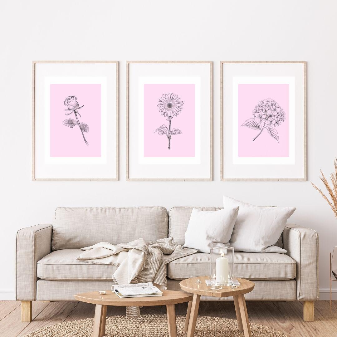 Pink Botanical Line Art Prints, Floral Wall Decor (digital Download) - Etsy