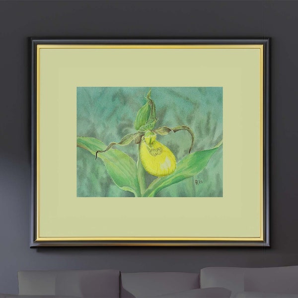 Yellow Lady Slipper Watercolor Painting Digital Download