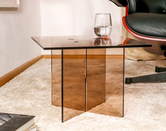 Table d'appoint marron transparent / porte-revues / table basse / verre acrylique meuble 3en1