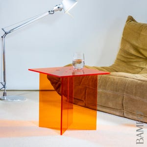 Mesa auxiliar naranja transparente / revistero / mesa de centro / mueble 3 en 1 de cristal acrílico / 40 cm