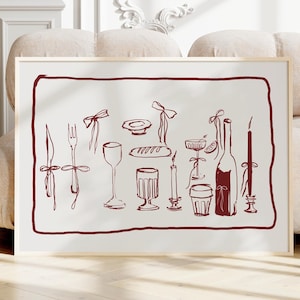 RODE wijn kaars champagne keuken decor, Frans ontbijt print, moderne eetkamer kunst aan de muur, handgetekende minimalistische voedselkunst, strikkunst