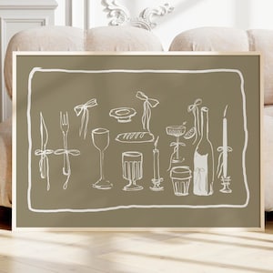 BEIGE wijnkaars champagne HORIZONTAAL keukendecor, Frans ontbijt print, moderne eetkamer kunst aan de muur, handgetekende minimalistische voedselkunst
