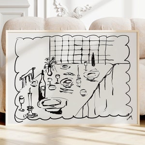 Groot formaat ZWART horizontale wijn en kaas keukeninrichting, Frans ontbijt print, moderne eetkamer kunst aan de muur, handgetekende minimalistische kunst