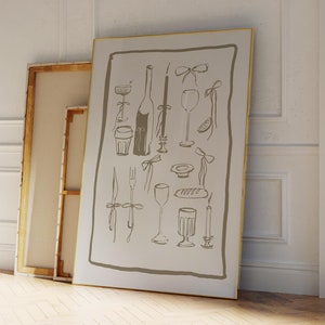 BEIGE wijnkaars champagne keukeninrichting, Frans ontbijt print, moderne eetkamer kunst aan de muur, handgetekende minimalistische voedselkunst, strikkunst