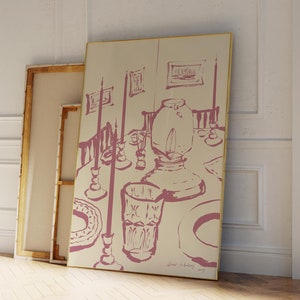 Groot formaat ROZE wijn en kaas keukeninrichting, Frans ontbijt print, moderne eetkamer kunst aan de muur, handgetekende minimalistische voedselkunst, diner