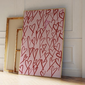 Arte de pared con corazones rosados y rojos, impresiones artísticas de moda, póster estético, arte de pared con corazones, impresión digital de moda, impresión artística de moda para dormitorio preppy, impresión divertida