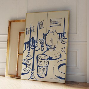 Groot formaat keukeninrichting BLAUWE wijn en kaas, Frans ontbijt print, moderne eetkamer kunst aan de muur, handgetekende minimalistische voedselkunst, diner